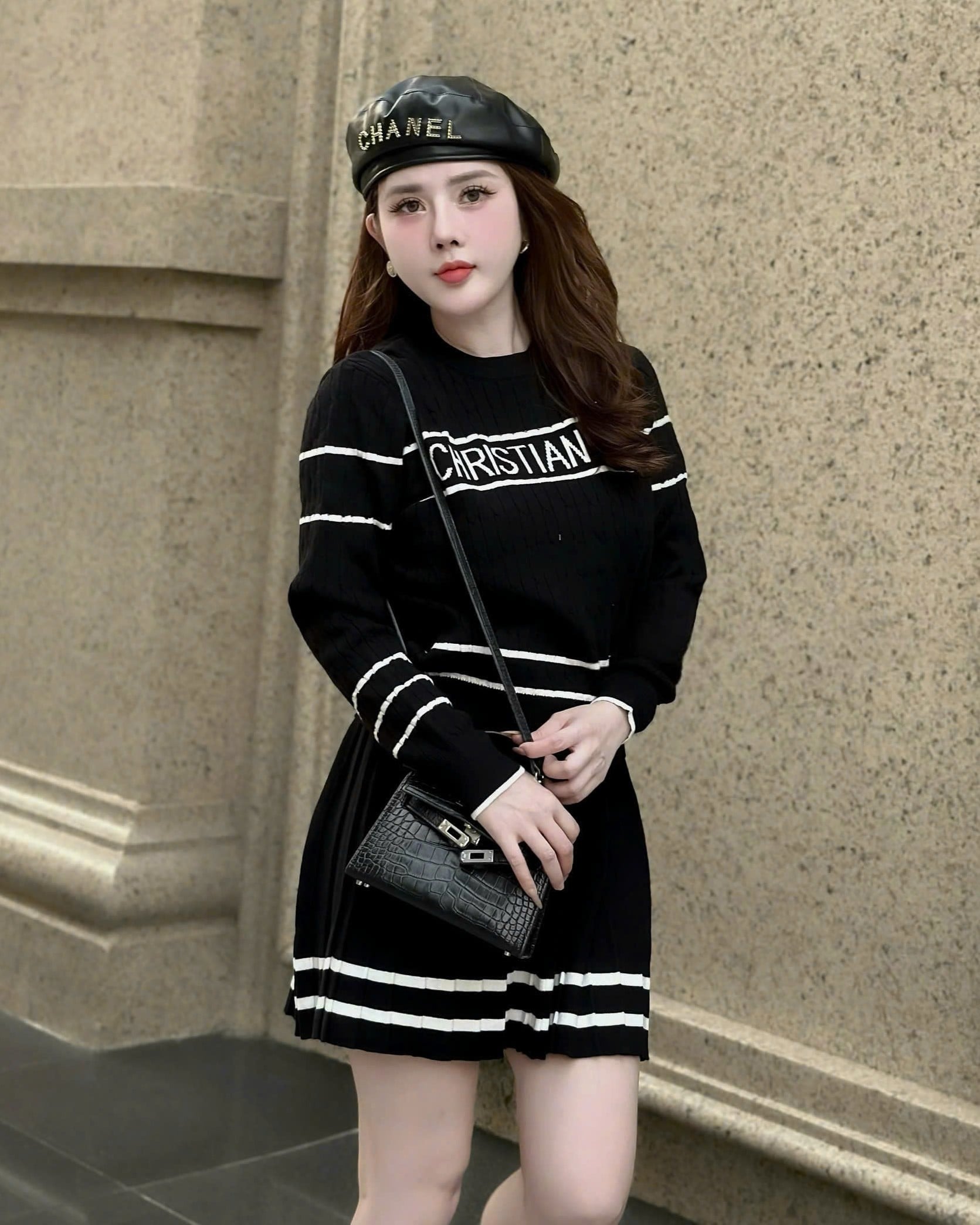 Set bộ len áo tay dài váy ngắn xòe Dior 9