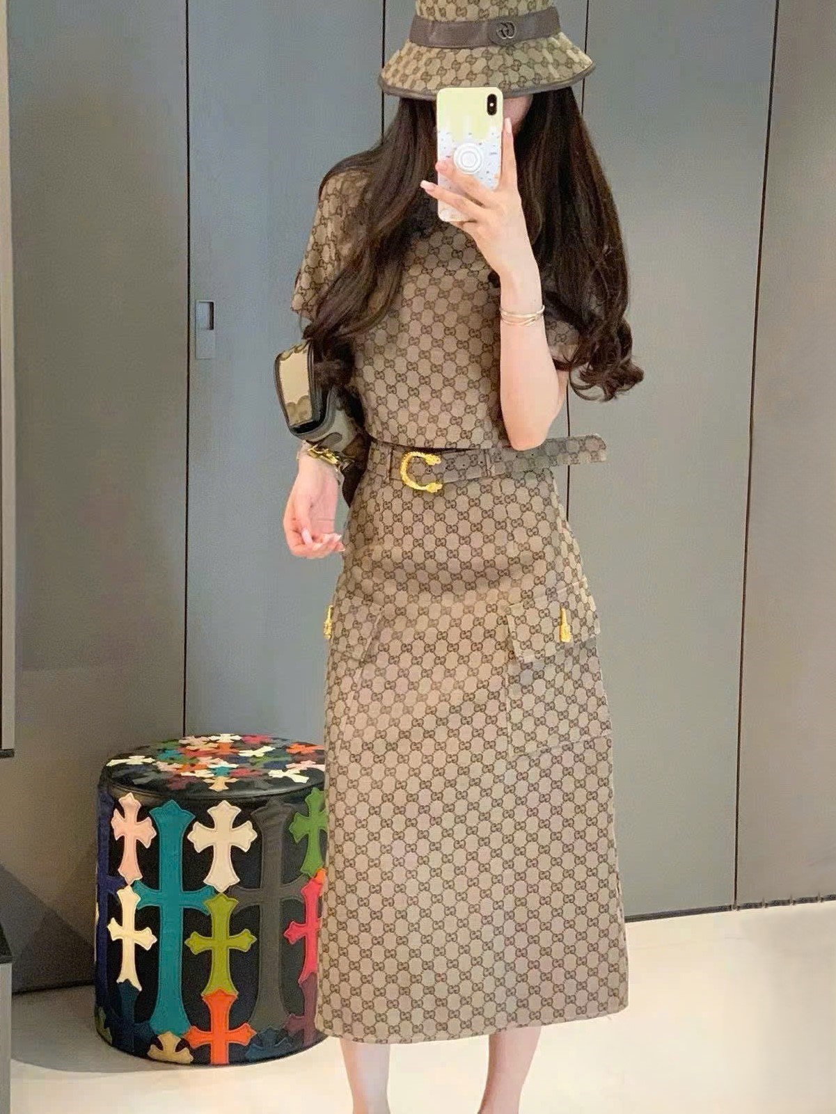 Set áo ngắn chân váy ôm dáng dài nâu Gucci 12
