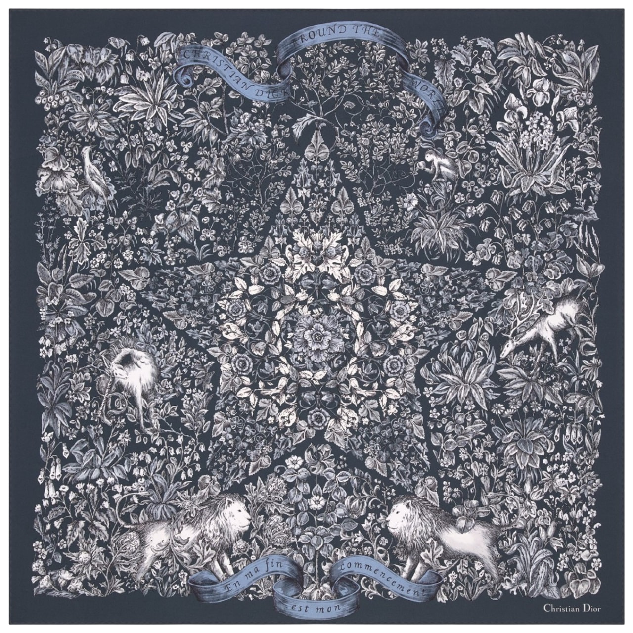Khăn Dior Around the World 90s Square Scarf Navy Blue and White Silk Twill 2