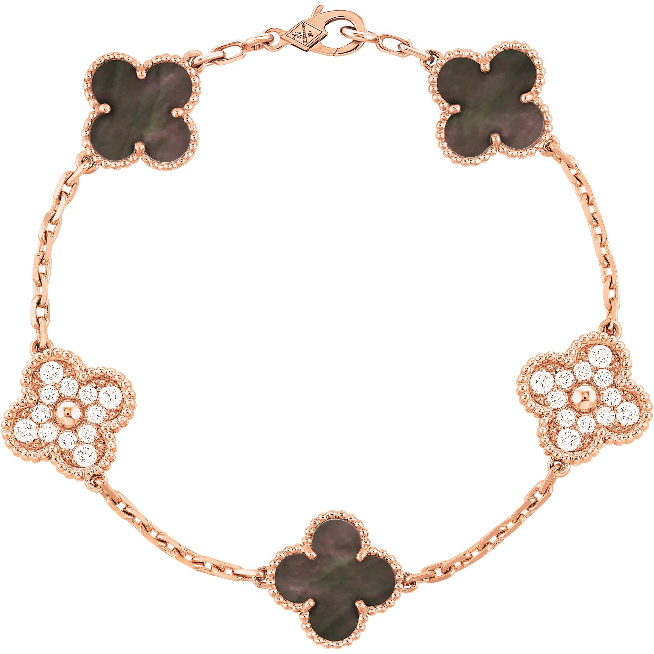 Vòng đeo tay cỏ 4 lá Van Cleef Arpels Vintage Alhambra 5 Motifs Bracelet Rose Gold Gray Mother Of Pearl VCARP2R100 3