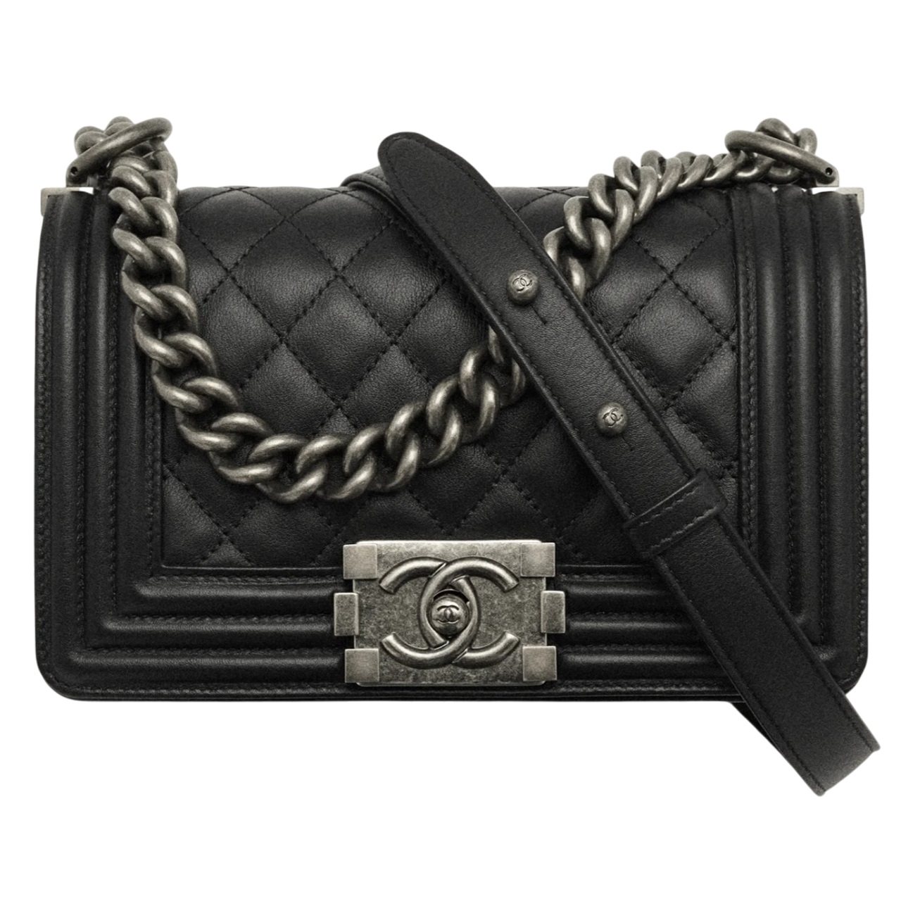 Túi Chanel Small Boy Calfskin Ruthenium-Finish Metal Black 4
