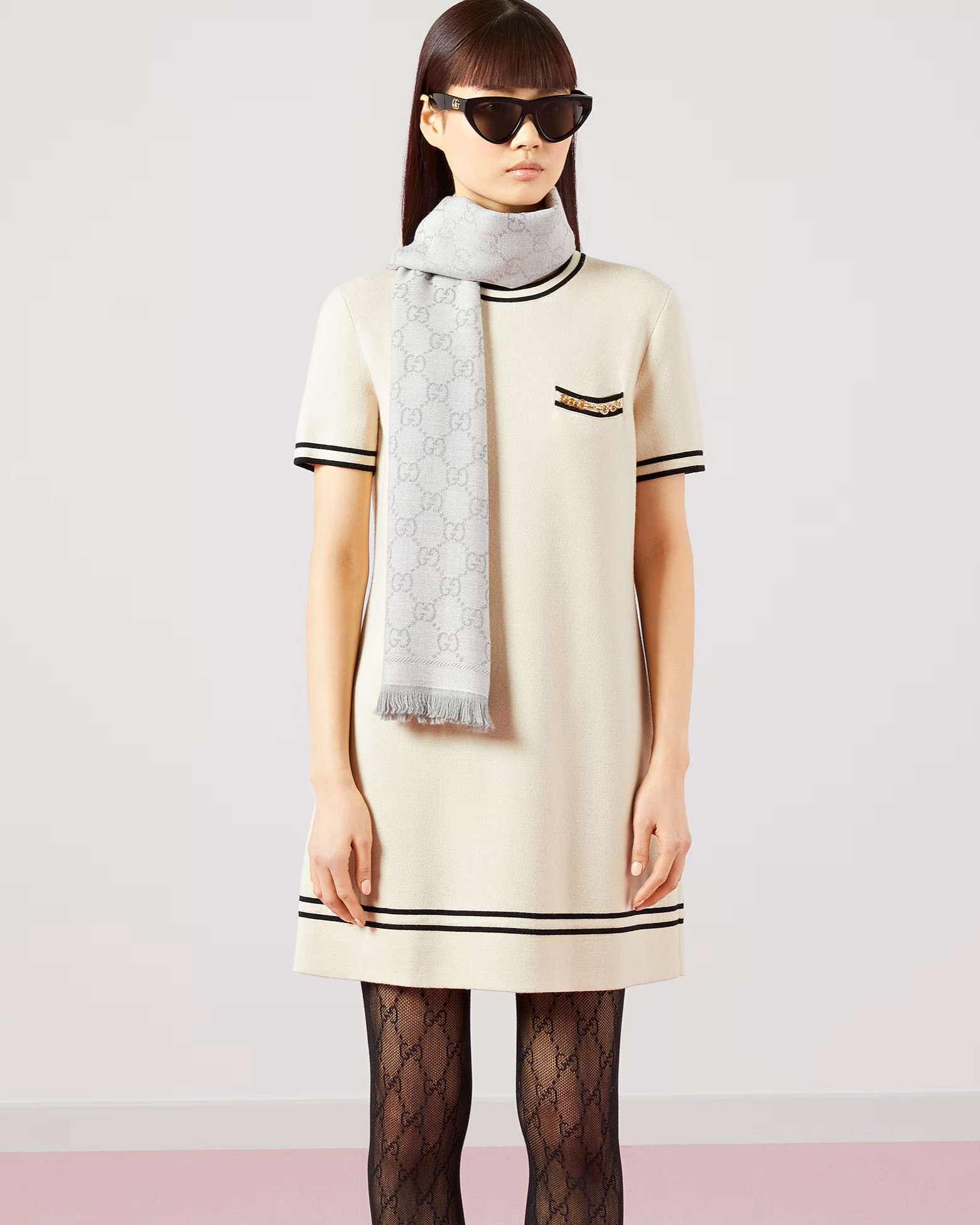 Khăn Choàng Cổ Gucci GG Jacquard Pattern Knitted Scarf Scarves Stoles Shawls For Women Silver 2