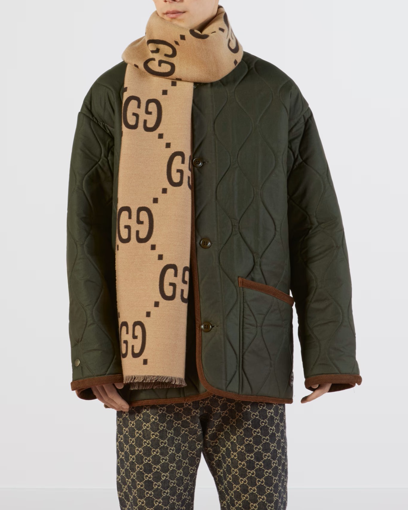 Khăn Choàng Gucci Jacquard Wool Silk Scarf Brown and Beige GG 1