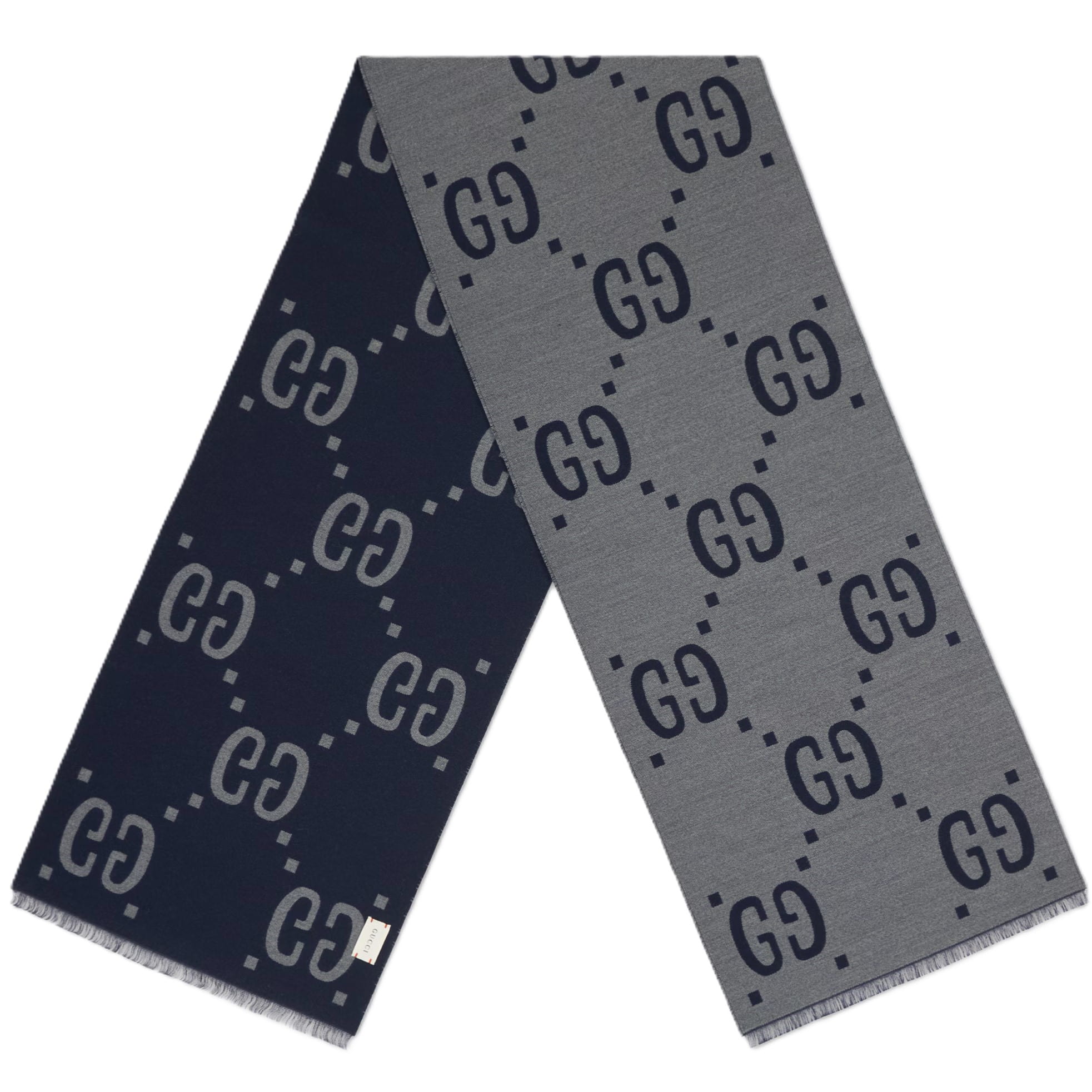Khăn Choàng Gucci Jacquard Wool Silk Scarf Light Grey and Dark Blue GG 2