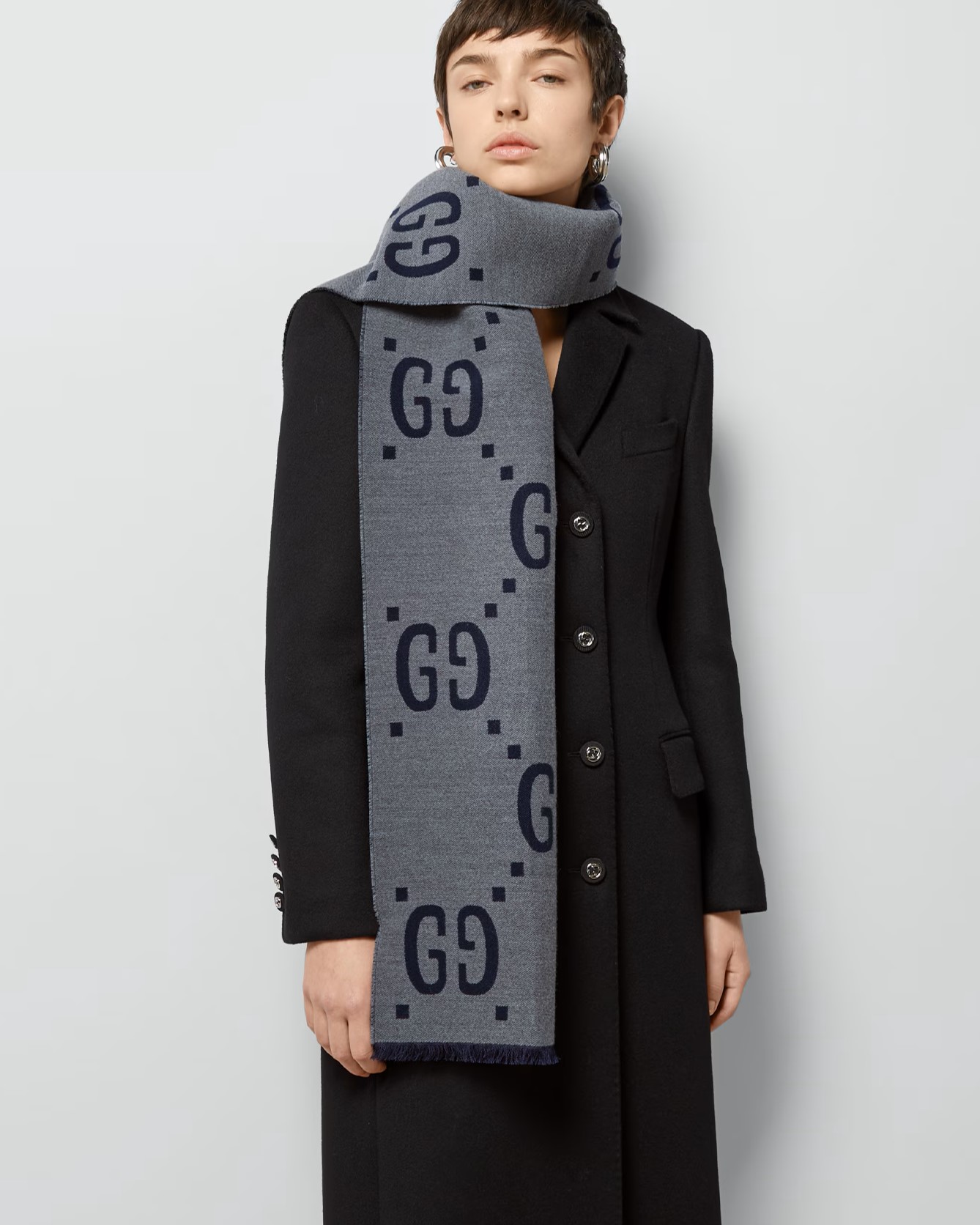 Khăn Choàng Gucci Jacquard Wool Silk Scarf Light Grey and Dark Blue GG 4
