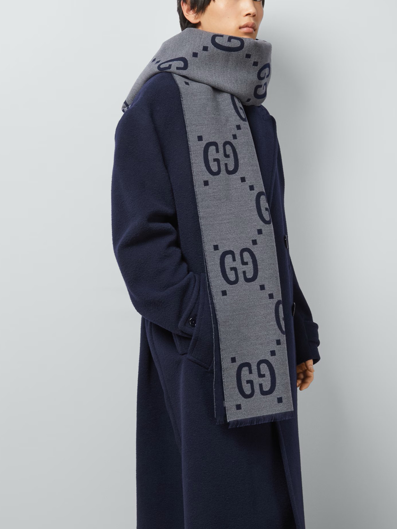 Khăn Choàng Gucci Jacquard Wool Silk Scarf Light Grey and Dark Blue GG 6