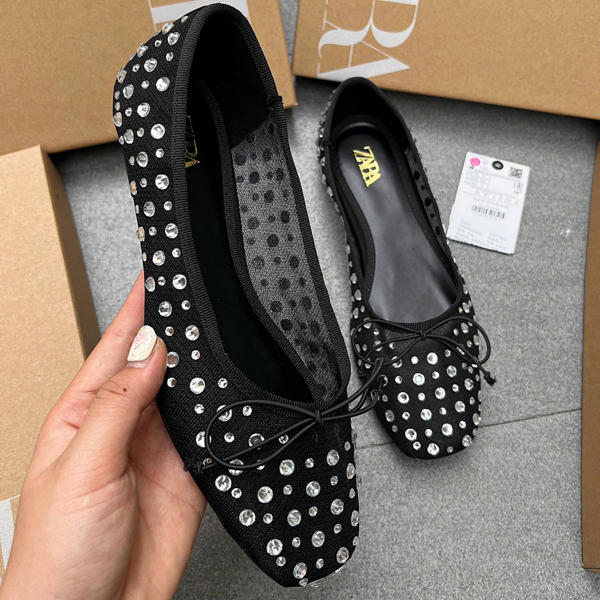 Giày Zara Mesh Ballet Flats With Rhinestones 3