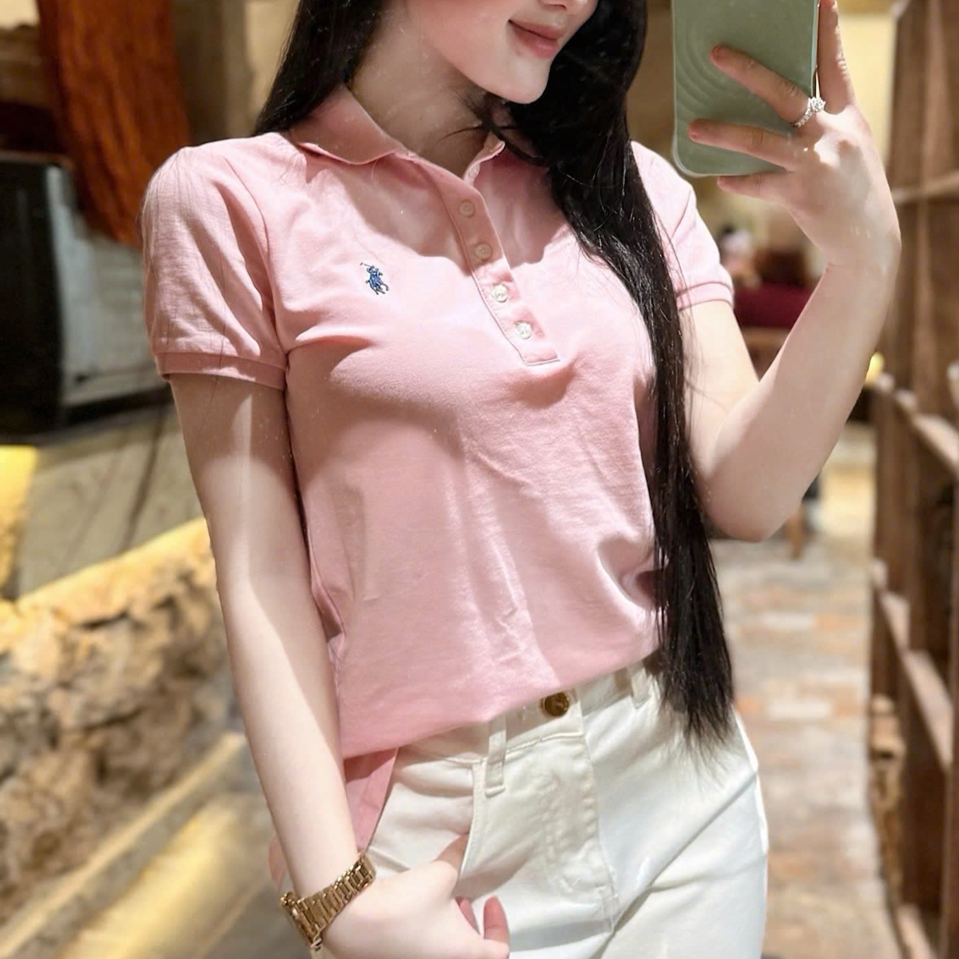 Set áo hồng tay ngắn quần dài nữ Polo 1
