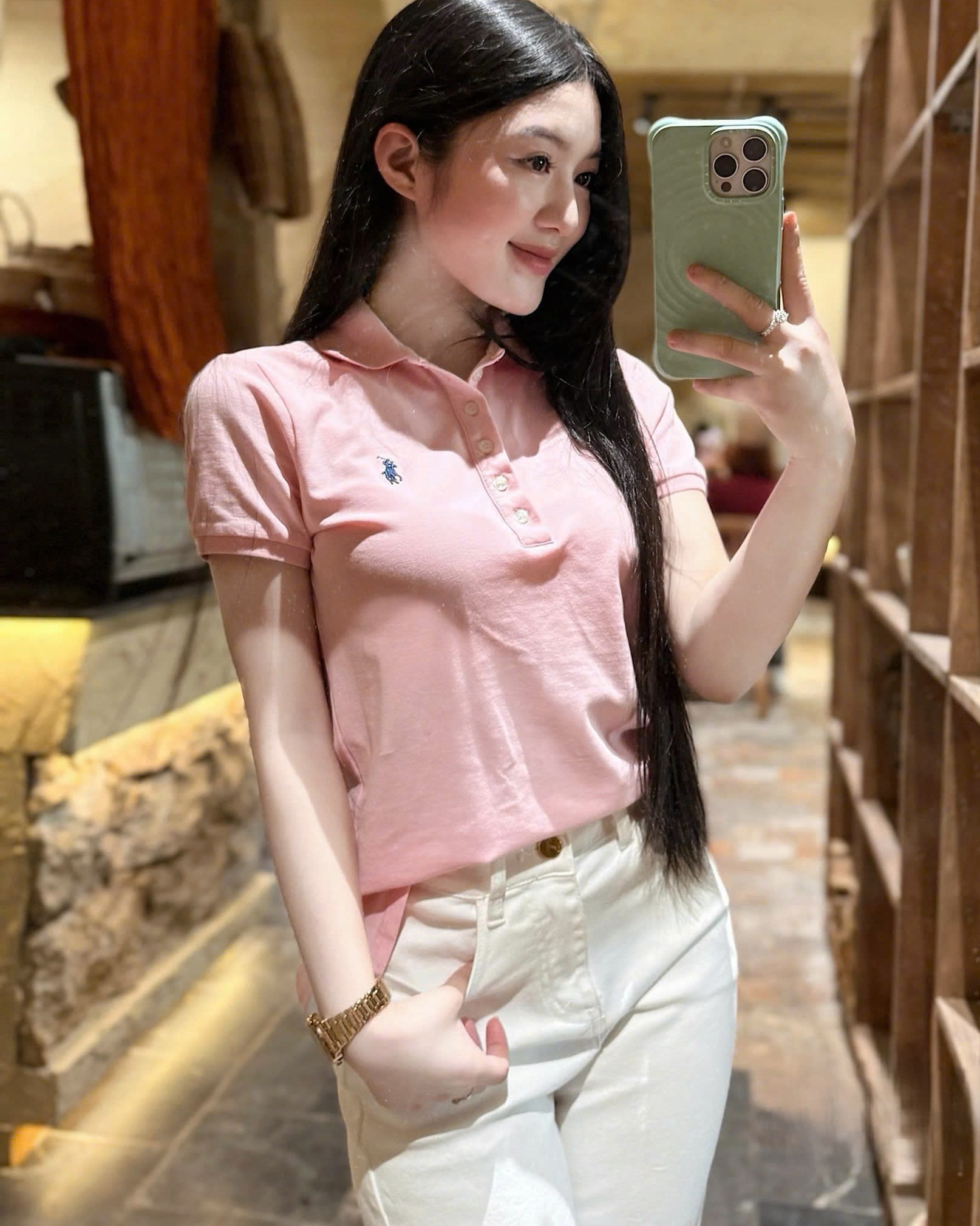 Set áo hồng tay ngắn quần dài nữ Polo 7