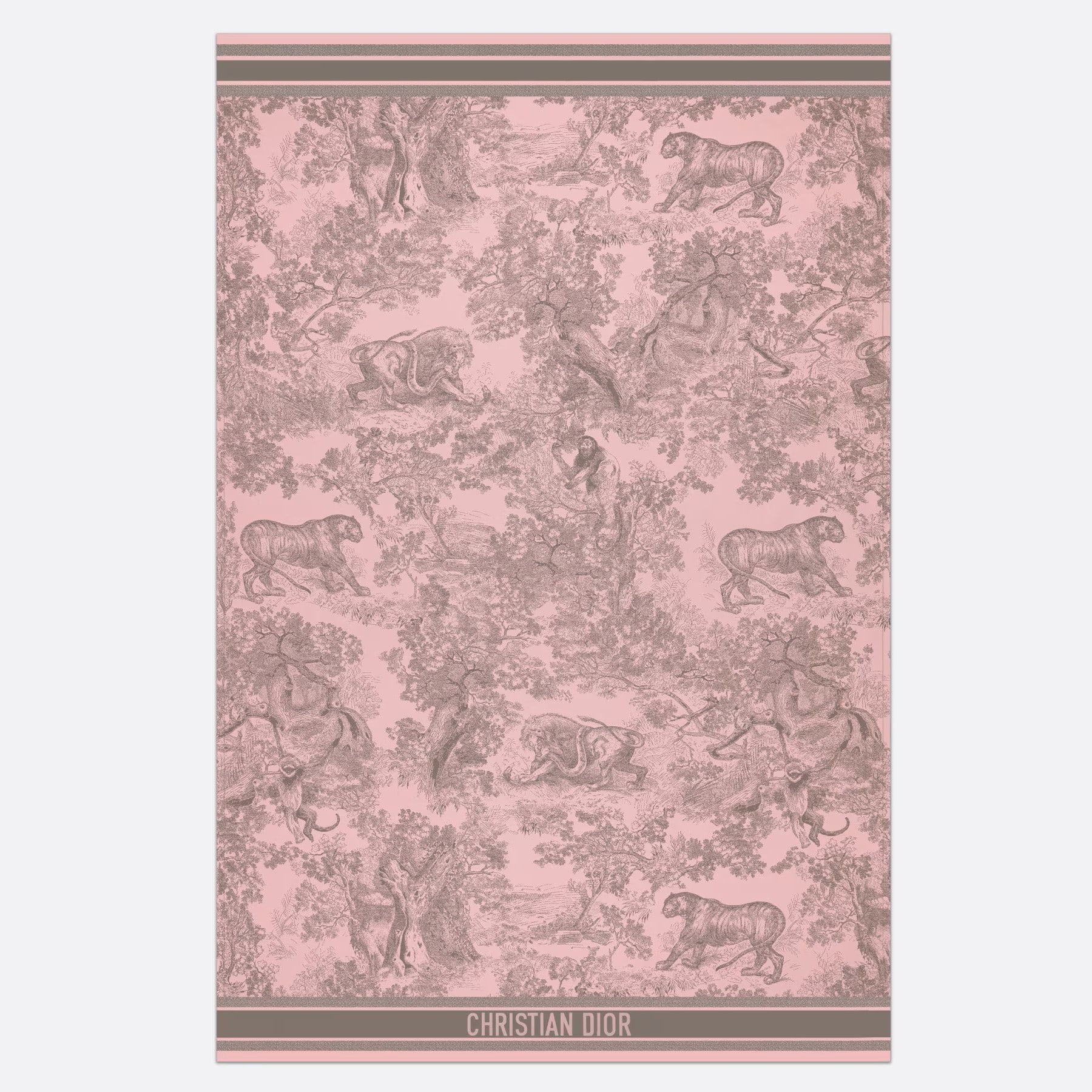 KHĂN LỤA DIOR TOILE DE JOUY SAUVAGE MOTIF BEACH BLANKET PINK AND GRAY COTTON CONTRASTING BAND WITH CHRISTIAN DIOR SIGNATURE 3
