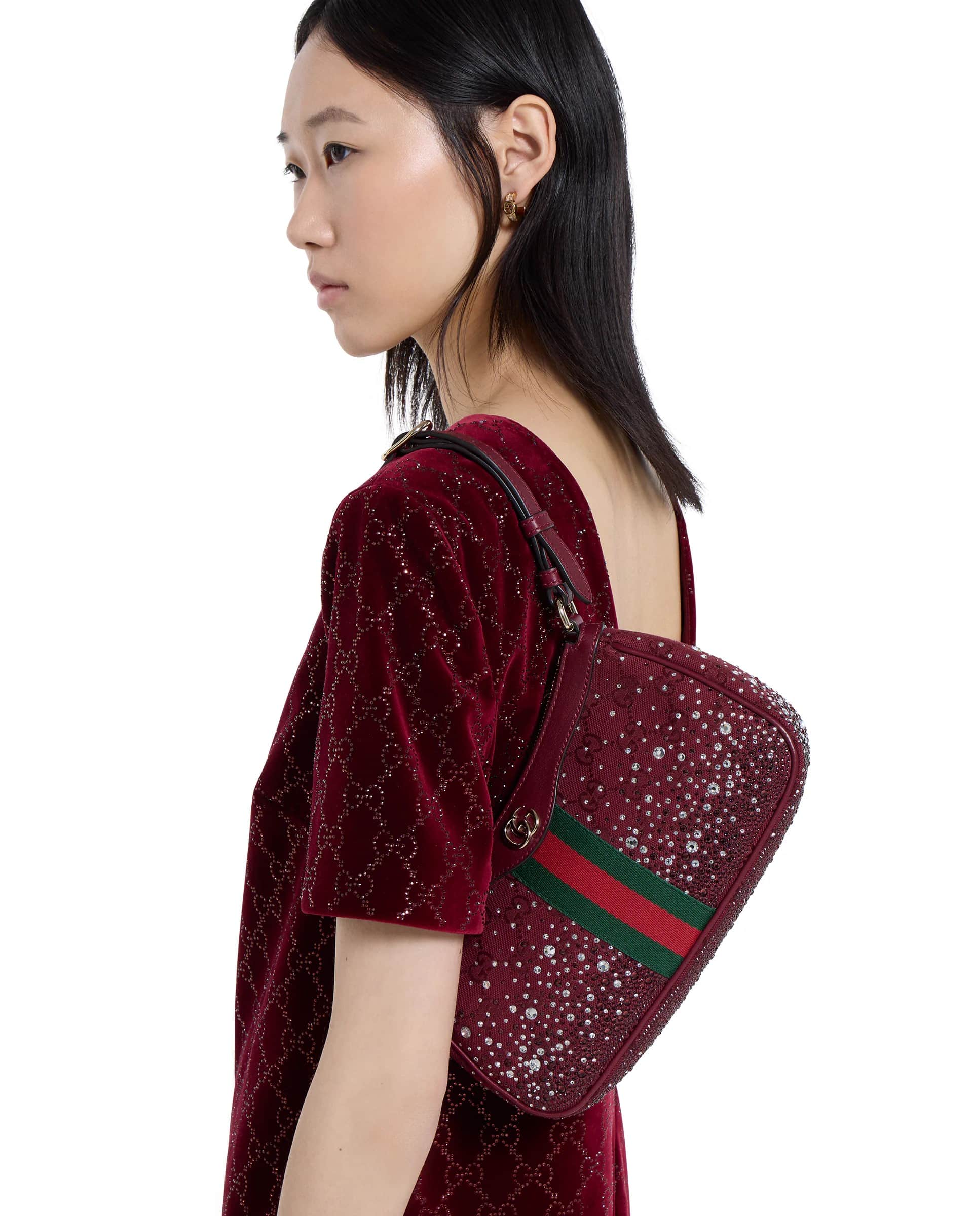 Túi Gucci Ophidia Crystals Small Shoulder Bag Rosso Ancora Red GG Canvas 17