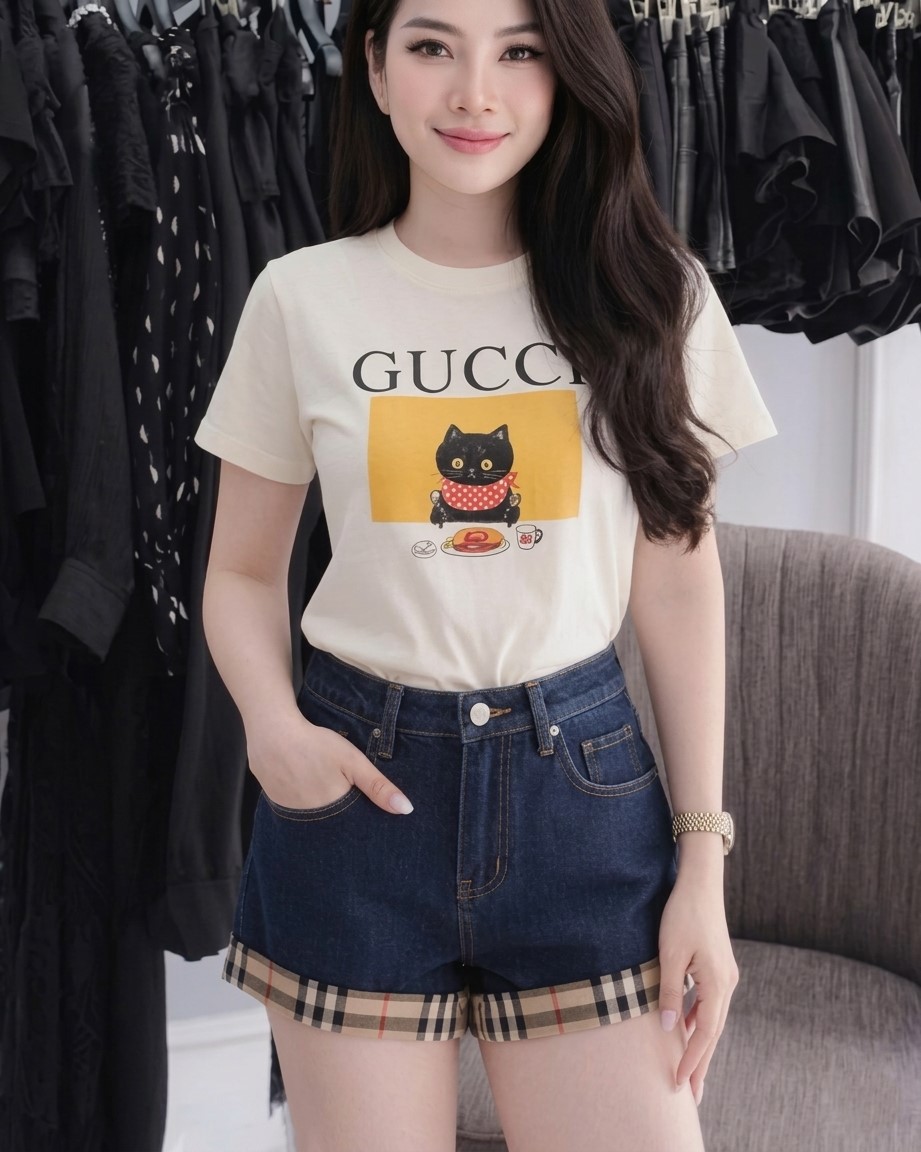 Set áo thun họa tiết mèo Gucci phối quần short Burberry 2