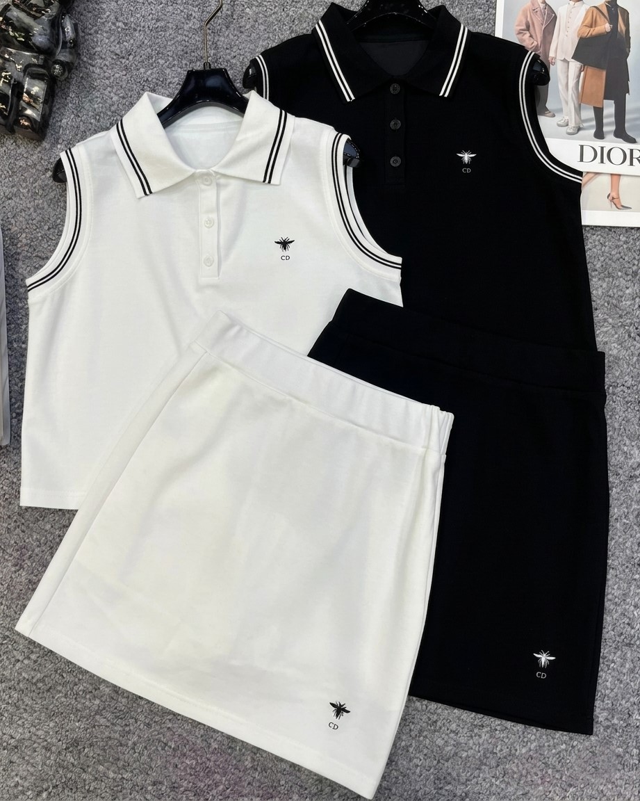Set áo sát nách váy ôm ngắn thun trắng và đen Dior 3