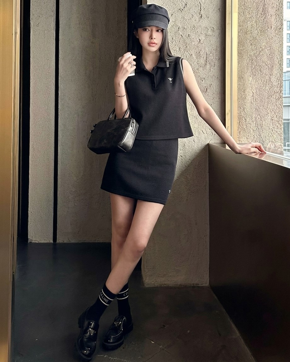 Set áo sát nách váy ôm ngắn thun trắng và đen Dior 8