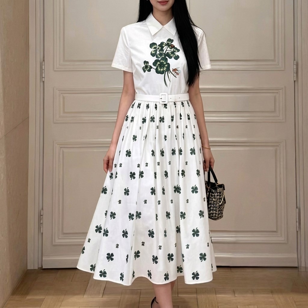 Áo đầm nữ Dior trắng phối xanh lá limited kèm thắt lưng 2