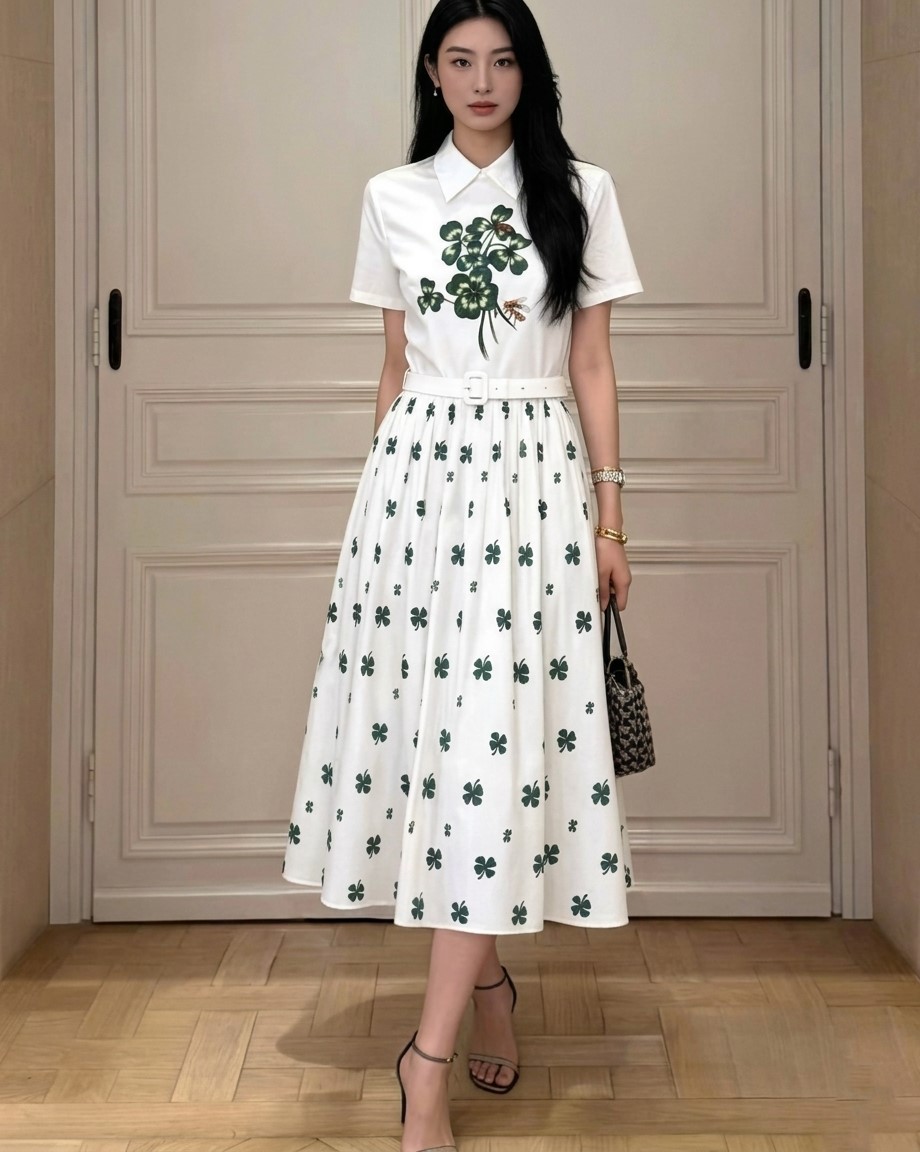 Áo đầm nữ Dior trắng phối xanh lá limited kèm thắt lưng 3