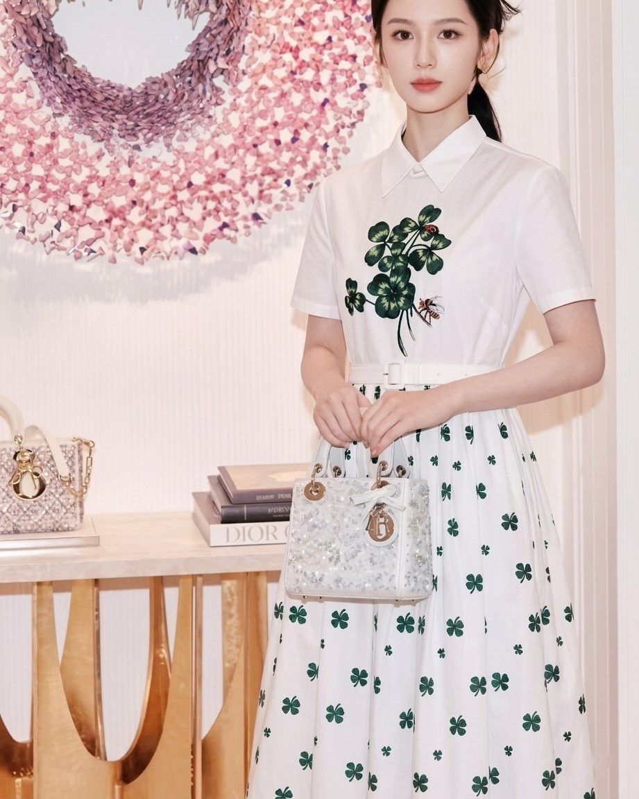 Áo đầm nữ Dior trắng phối xanh lá limited kèm thắt lưng 4