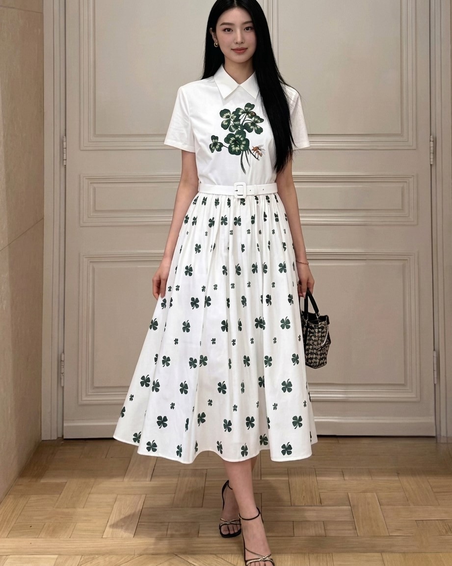 Áo đầm nữ Dior trắng phối xanh lá limited kèm thắt lưng 6