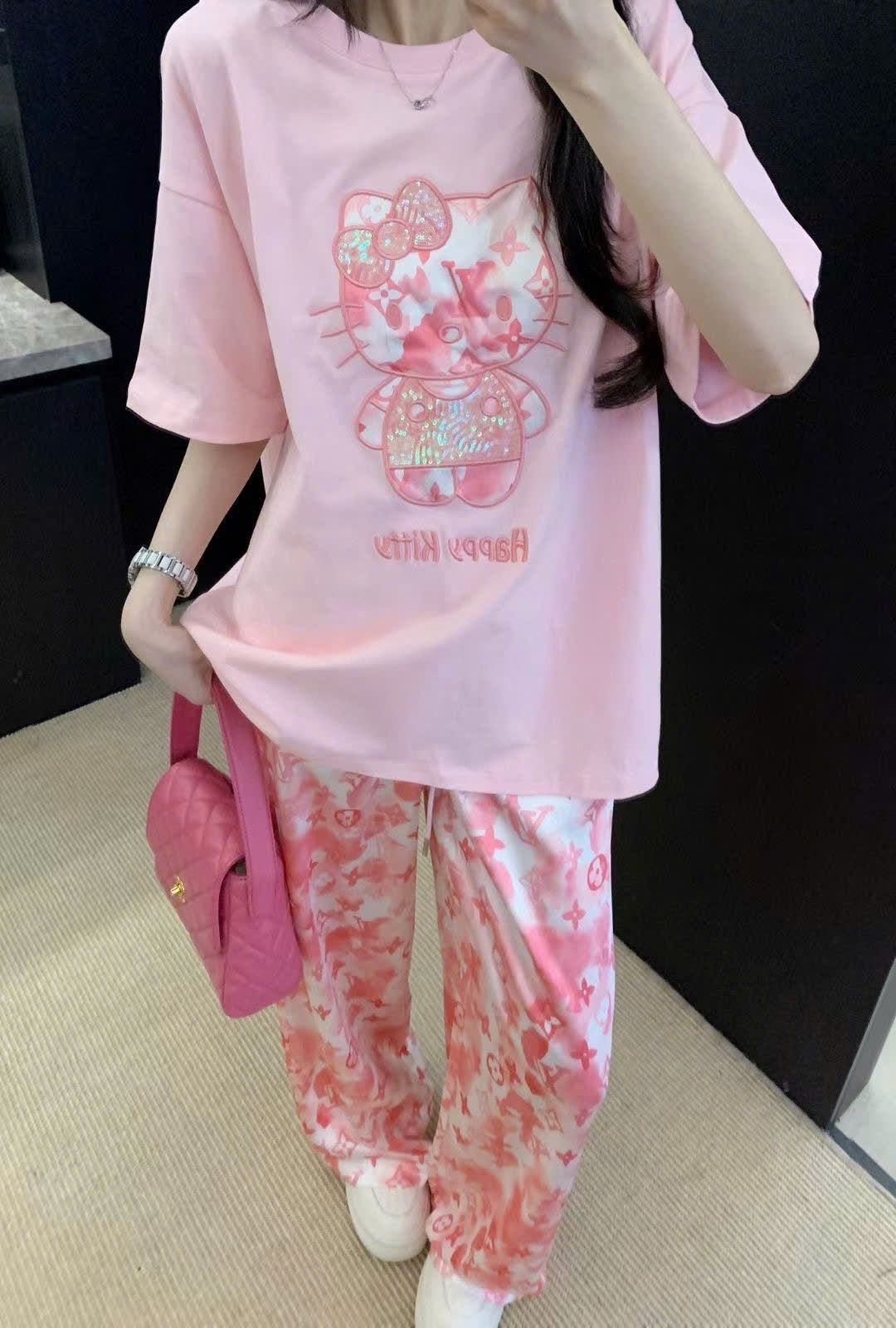 Set bộ áo thun quần dài hồng lưng thun LV 4