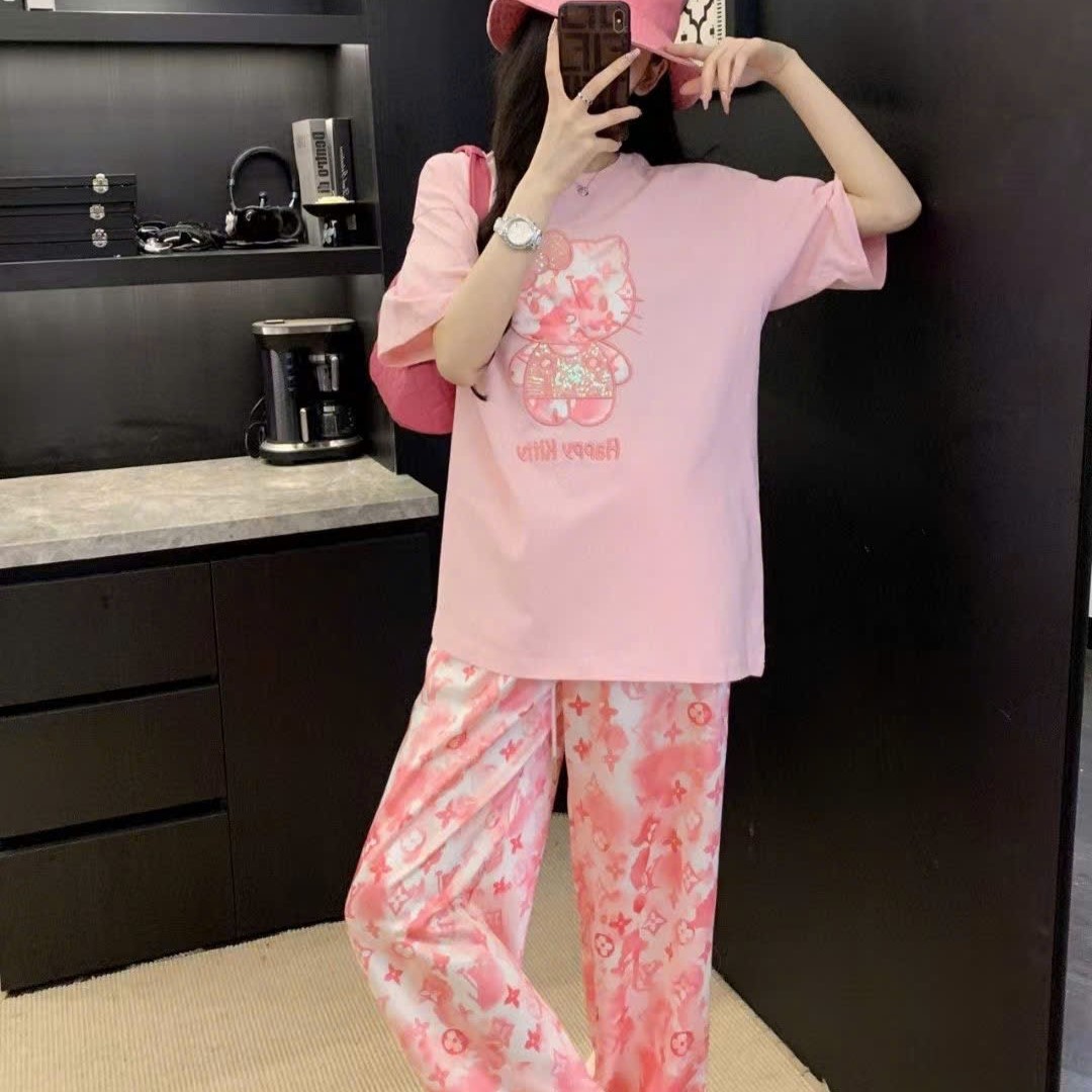 Set bộ áo thun quần dài hồng lưng thun LV 7