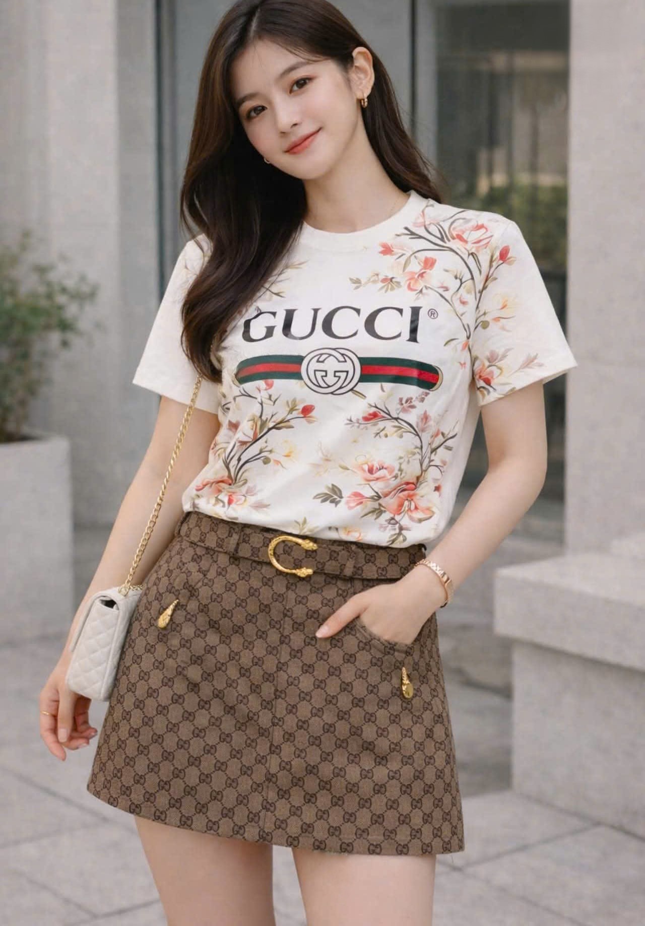 Set áo thun họa tiết hoa váy nâu kèm thắt lưng Gucci 9