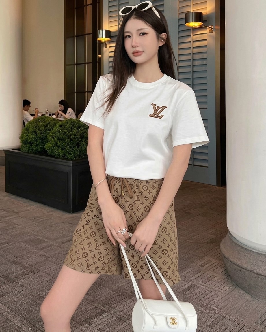 Set áo thun trắng đen quần lửng LV 4