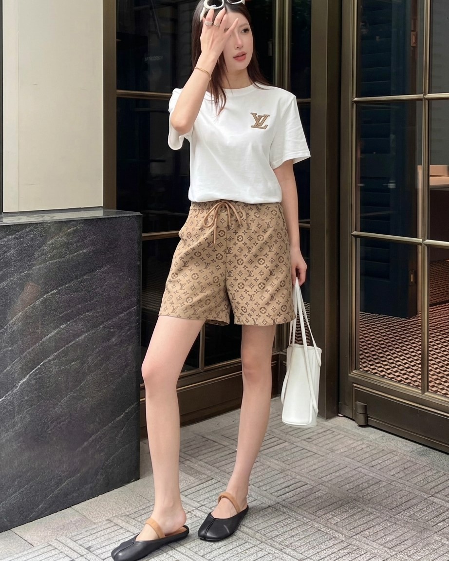 Set áo thun trắng đen quần lửng LV 6