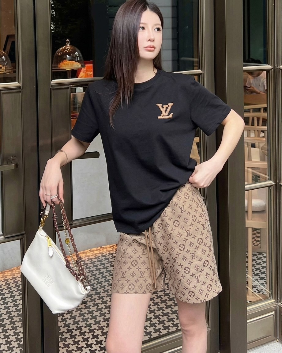 Set áo thun trắng đen quần lửng LV 10