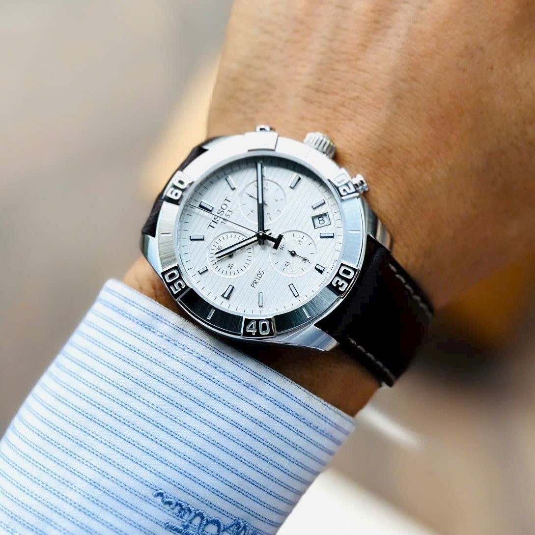 Đồng hồ nam Tissot T-Classic PR 100 Sport Gent Chronograph Silver Dial Brown Leather Strap T1016171603100 3