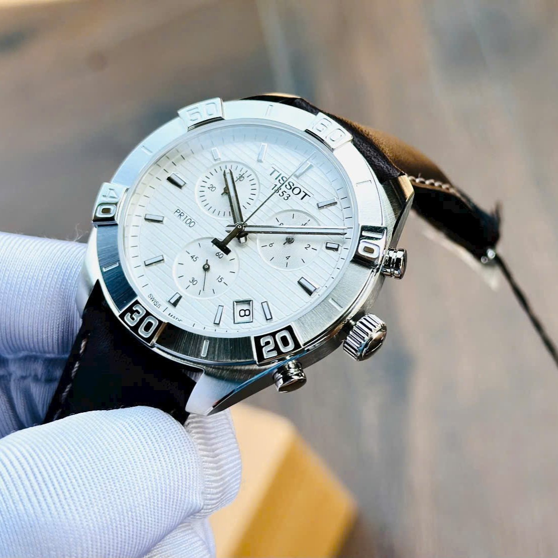 Đồng hồ nam Tissot T-Classic PR 100 Sport Gent Chronograph Silver Dial Brown Leather Strap T1016171603100 7