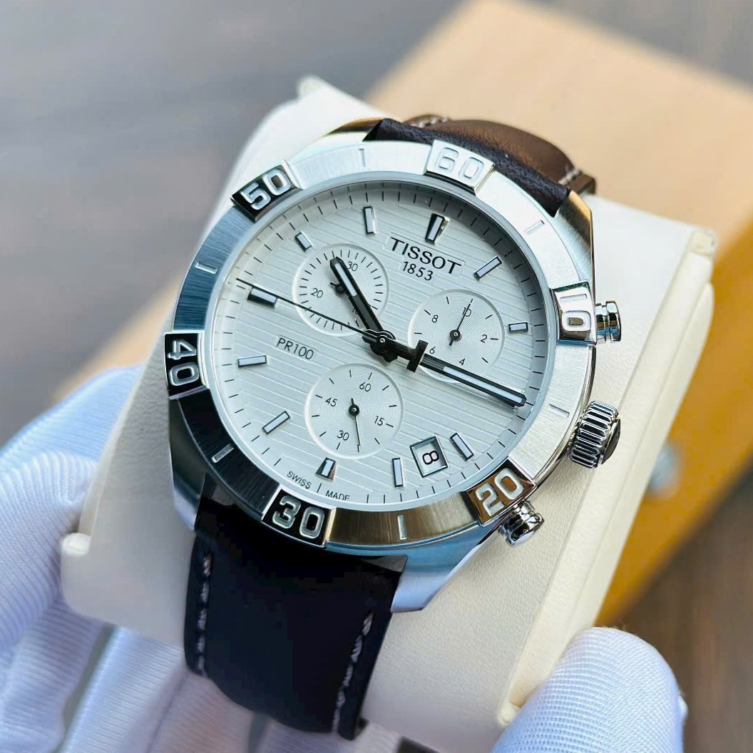 Đồng hồ nam Tissot T-Classic PR 100 Sport Gent Chronograph Silver Dial Brown Leather Strap T1016171603100 12