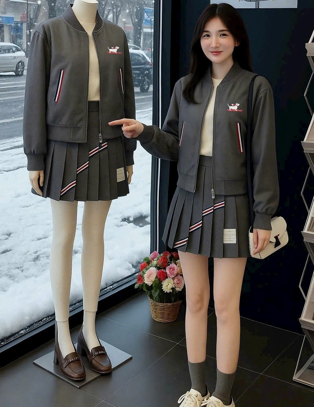 Set áo khoác váy ngắn xếp ly họa tiết chó Thom Browne 4