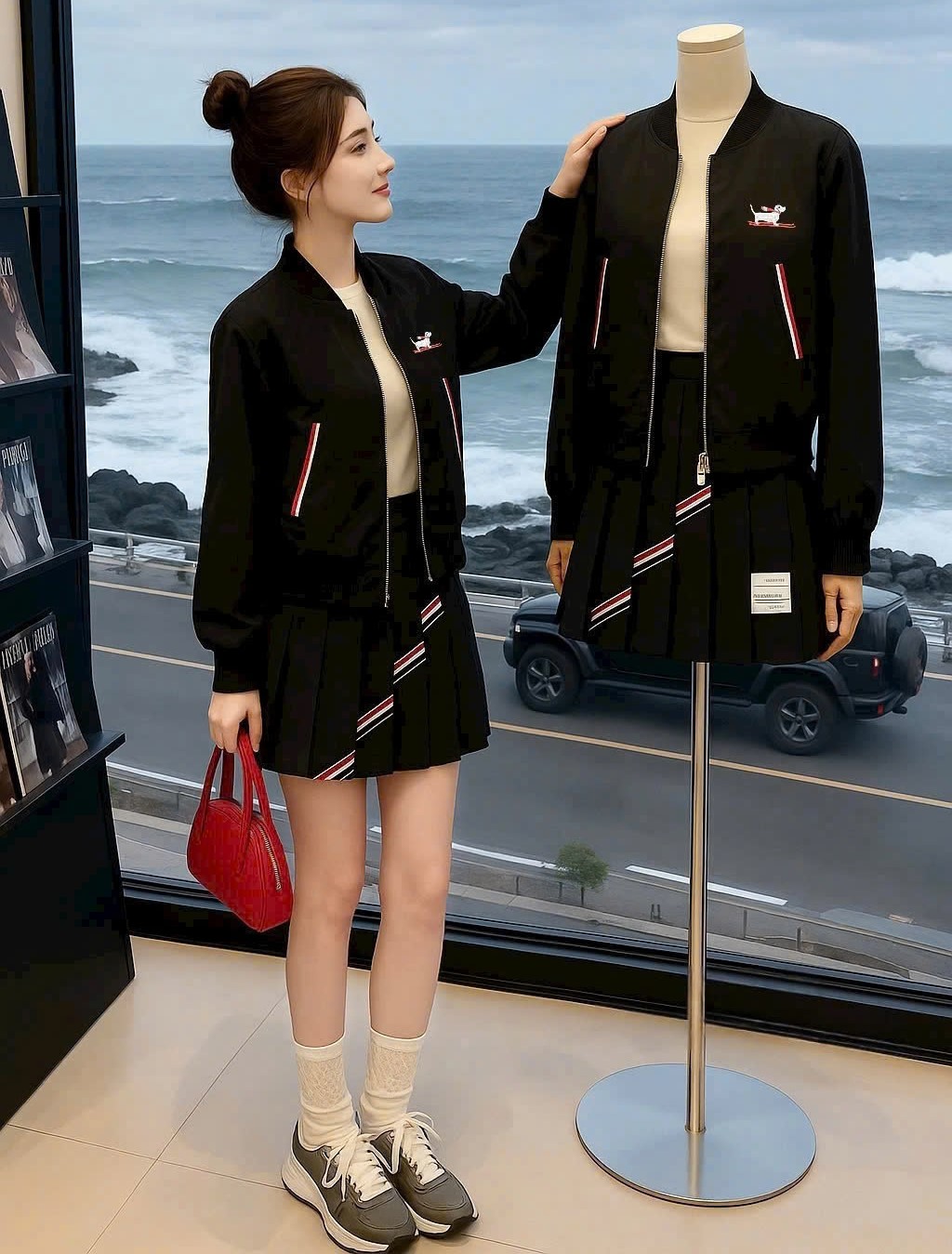 Set áo khoác váy ngắn xếp ly họa tiết chó Thom Browne 11