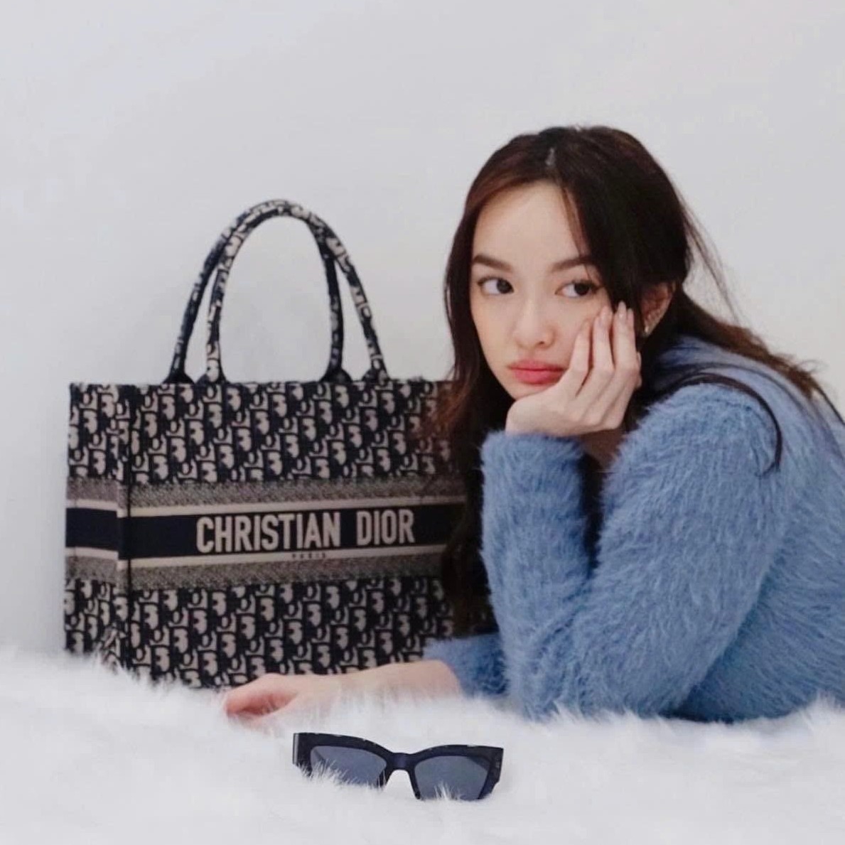 Túi xách nữ Medium Christian Dior Book Tote Ecru and Blue Dior Oblique Embroidery 4