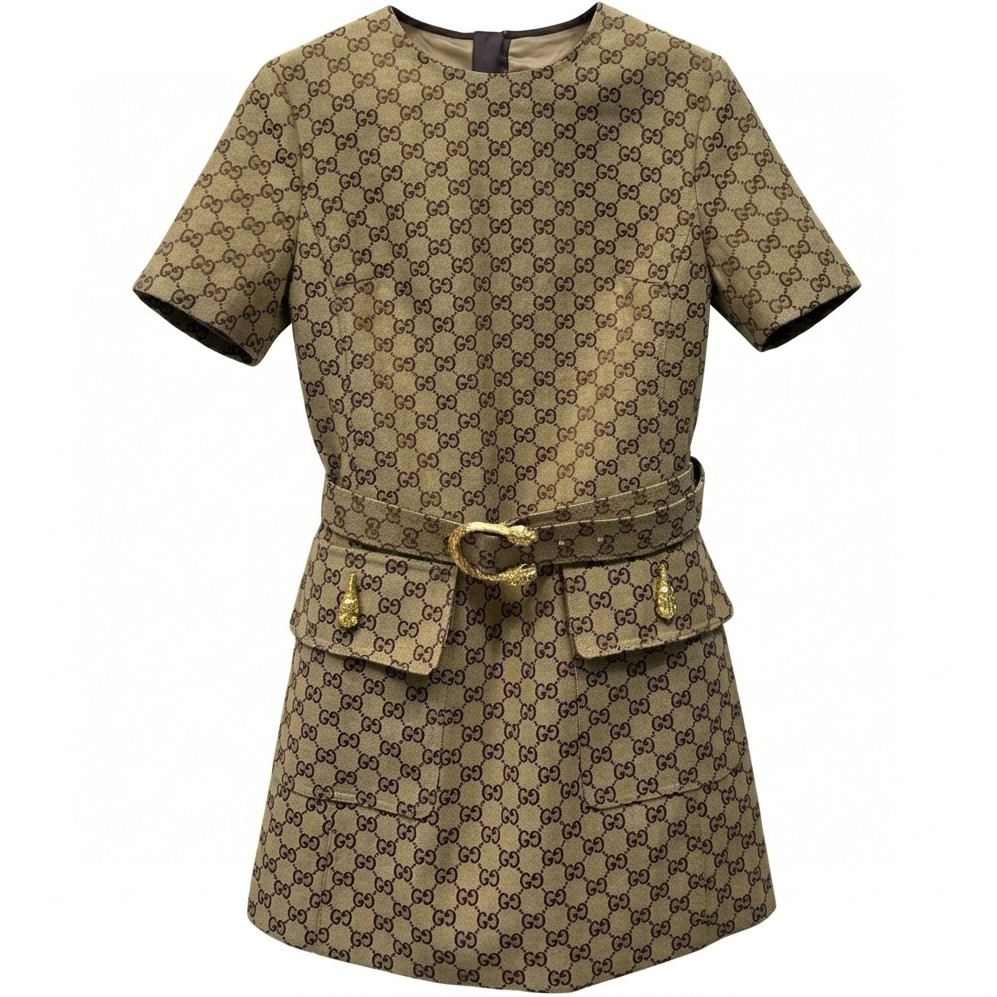 Áo đầm nữ nâu Gucci họa tiết hãng kèm thắt lưng 1