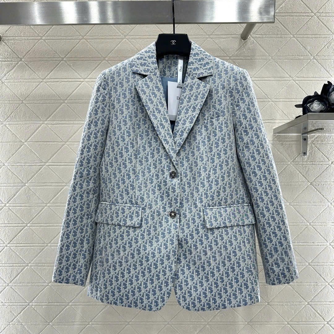 Áo khoác vest nữ xanh dương họa tiết hãng Dior 5