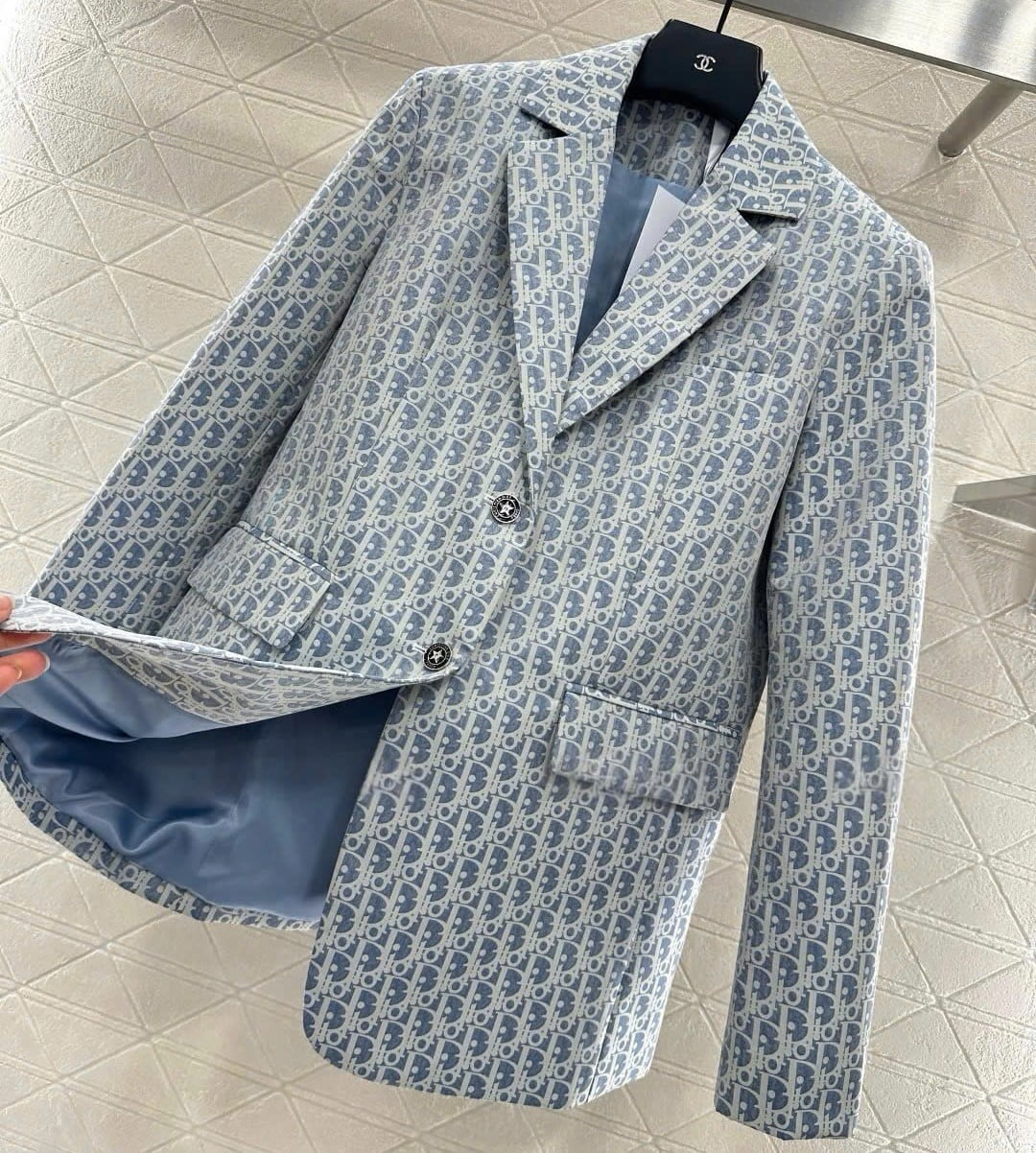 Áo khoác vest nữ xanh dương họa tiết hãng Dior 9