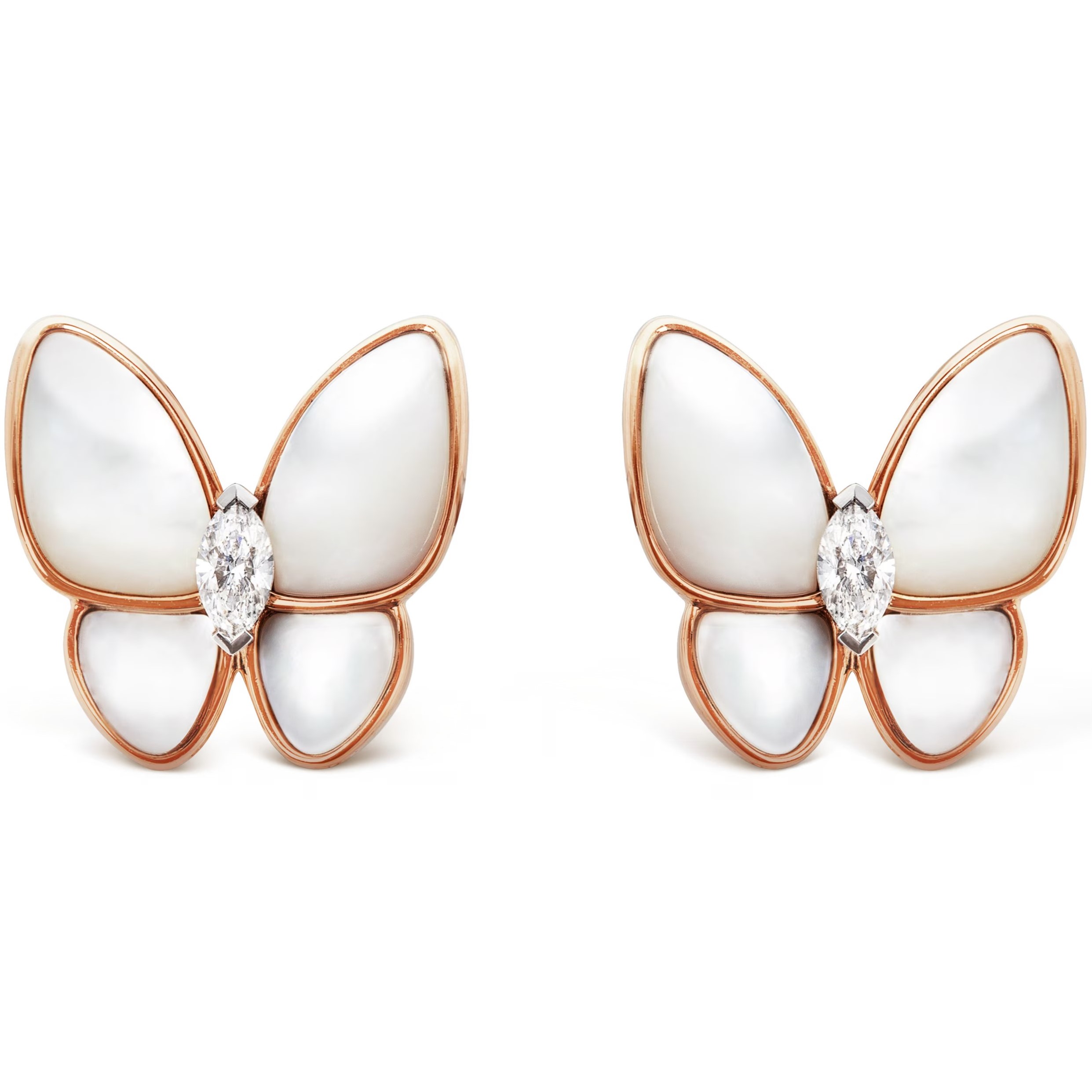 HOA TAI VAN CLEEF & ARPELS TWO BUTTERFLY EARRINGS ROSE GOLD WHITE MOTHER OF PEARL ROUND DIAMOND RHODIUM PLATED VCARO8FN00 2