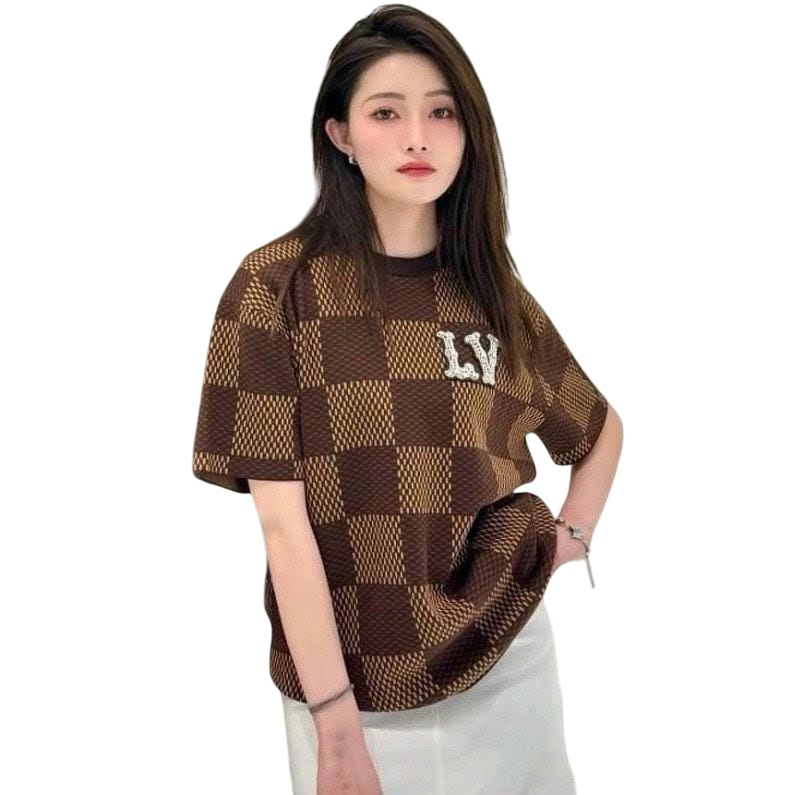 Áo thun LV Louis Vuitton Short-Sleeved Cotton Damier Crewneck With Crystal LV Patch 1AFIUP 2