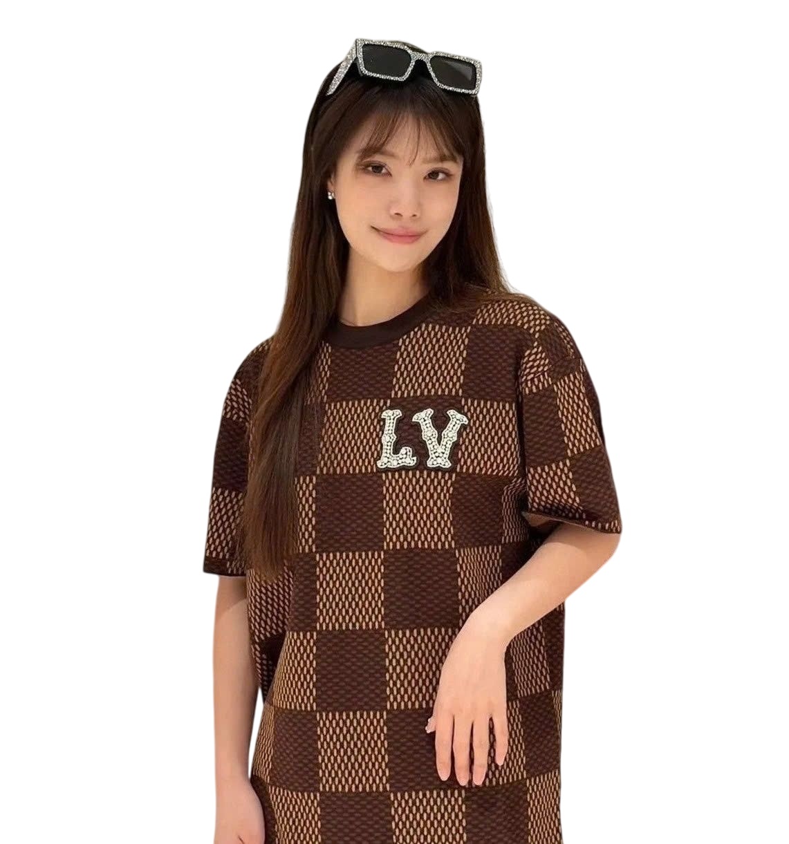 Áo thun LV Louis Vuitton Short-Sleeved Cotton Damier Crewneck With Crystal LV Patch 1AFIUP 5