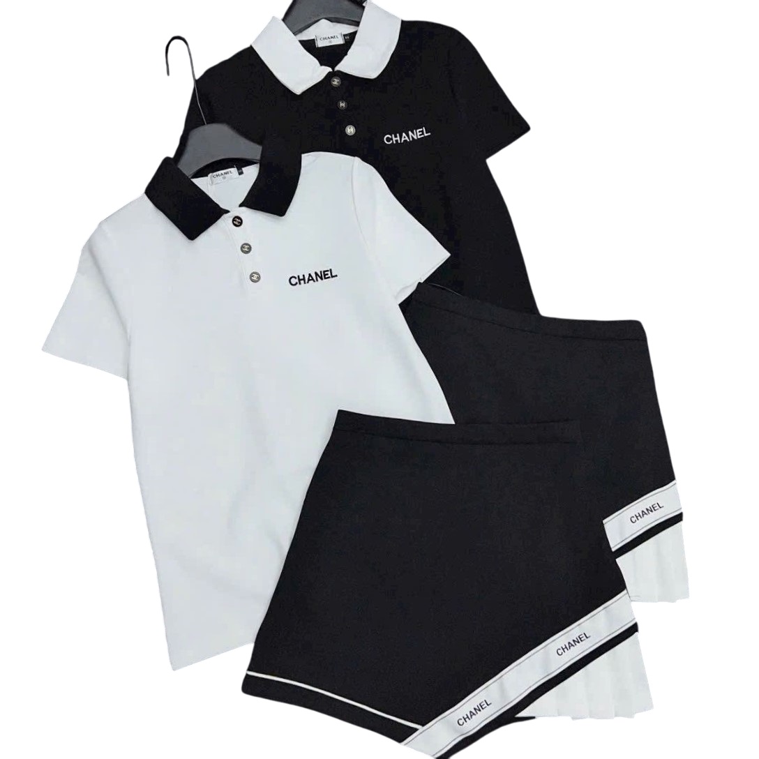 Set áo thun polo váy ngắn trắng đen Chanel 8