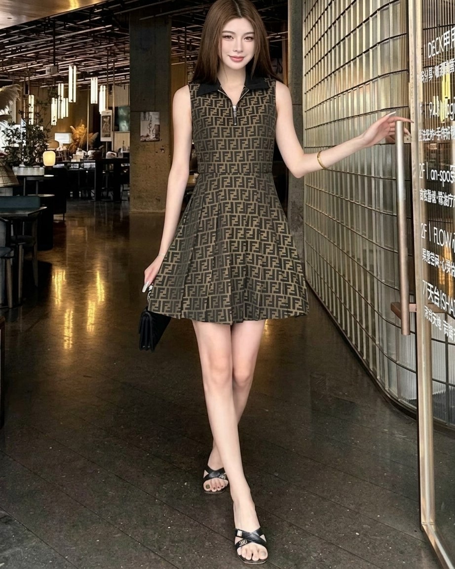 Đầm nữ sát nách cổ polo dáng xòe Fendi 3