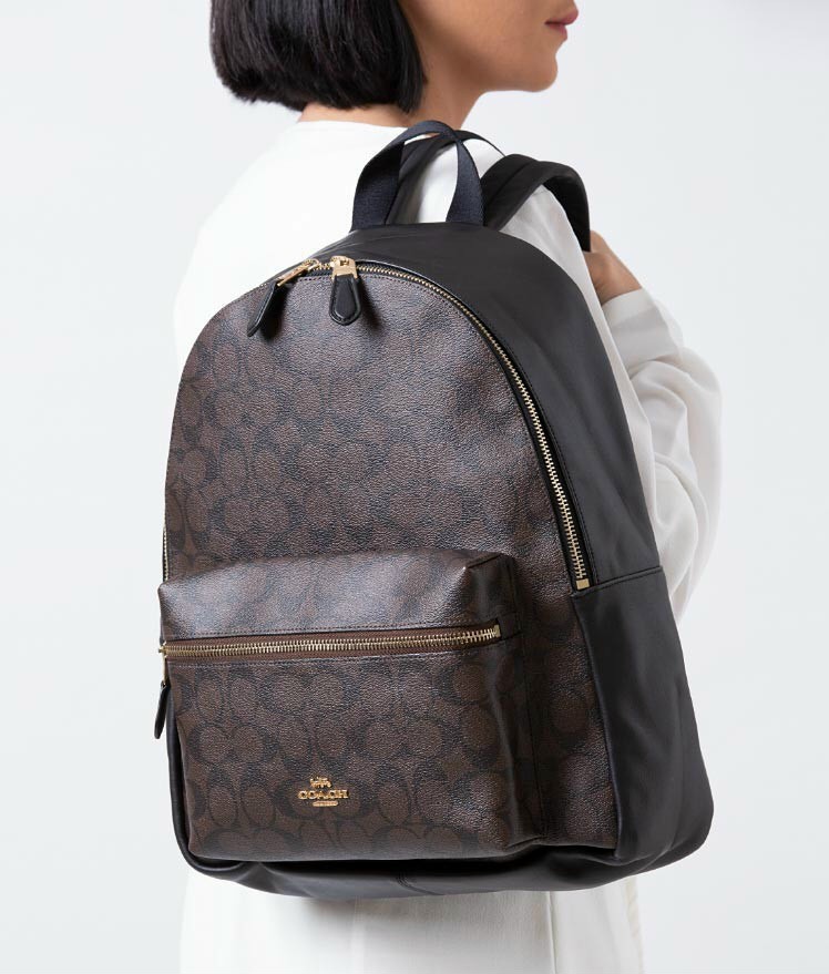 Balo big size Coach Charlie Backpack In Signature Canvas Brown Black