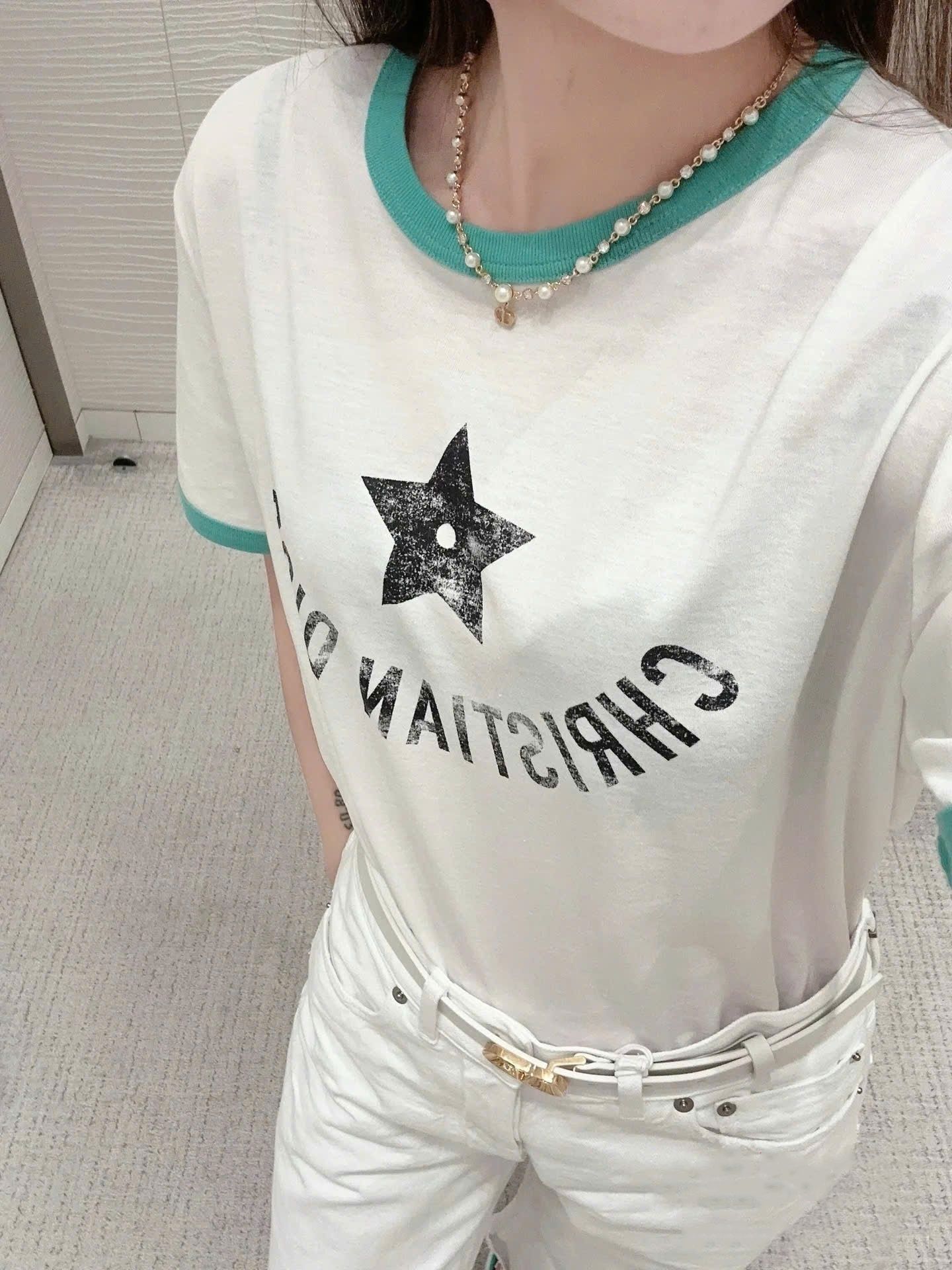 Áo Dior nữ Dioriviera T-Shirt Ecru and Aquamarina Cotton Jersey 6