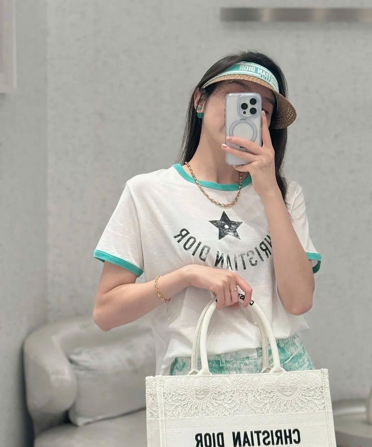 Áo Dior nữ Dioriviera T-Shirt Ecru and Aquamarina Cotton Jersey 4