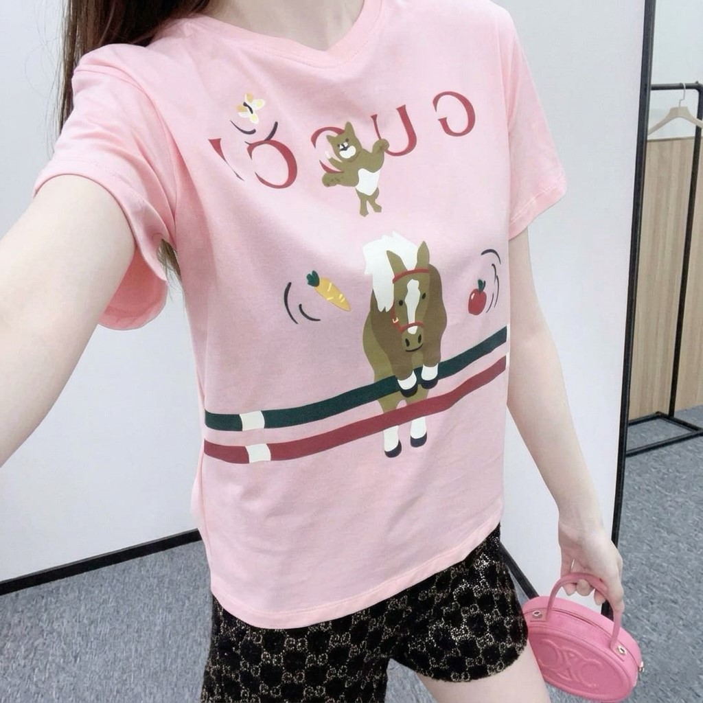Áo thun Gucci Printed Cotton T-Shirt Light Pink Cotton Jersey Horse Animal Print 1