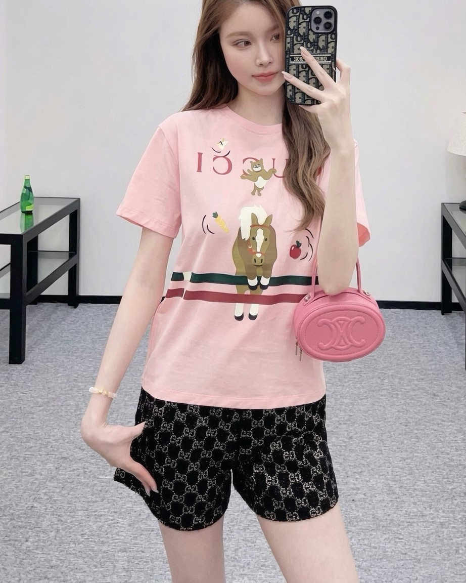 Áo thun Gucci Printed Cotton T-Shirt Light Pink Cotton Jersey Horse Animal Print 5