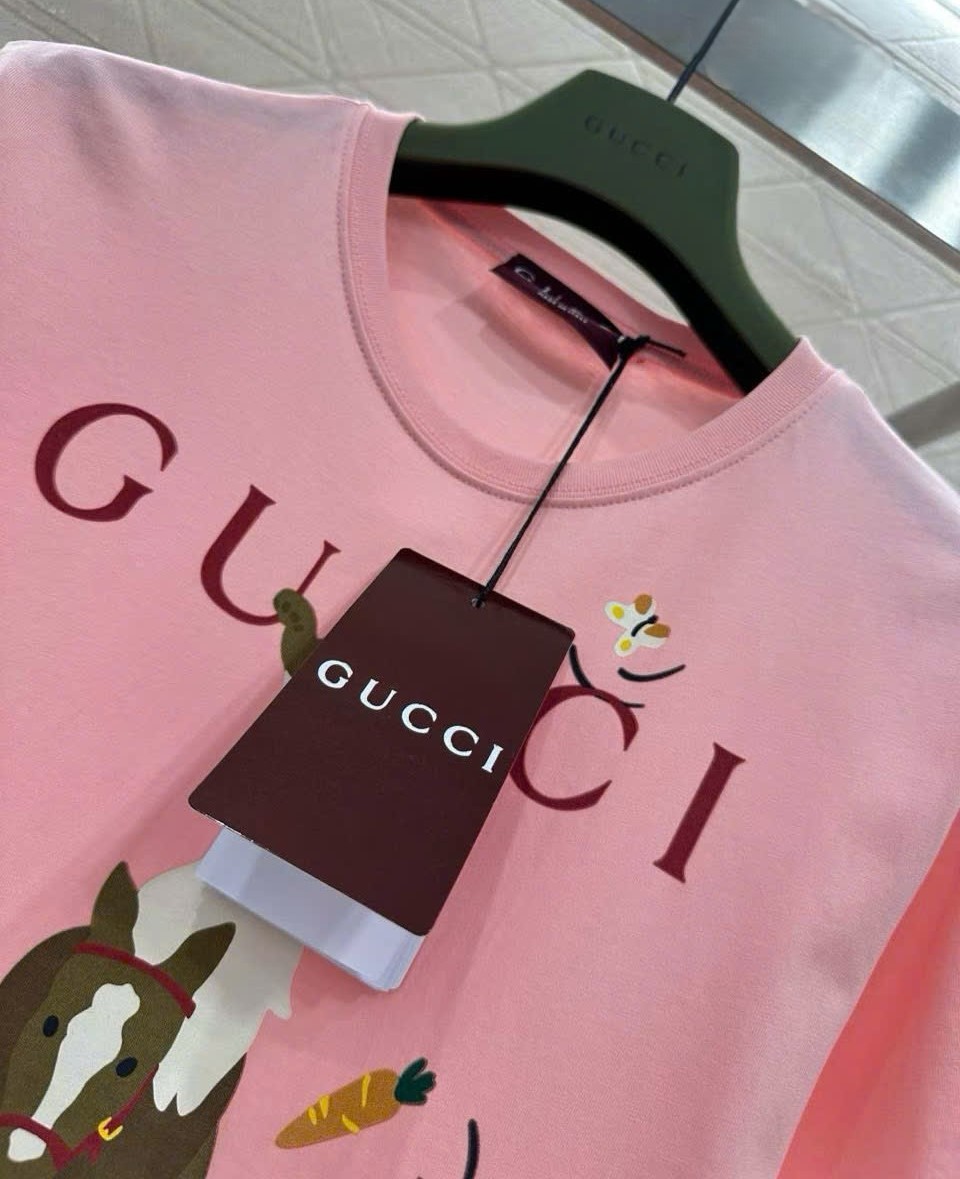 Áo thun Gucci Printed Cotton T-Shirt Light Pink Cotton Jersey Horse Animal Print 4