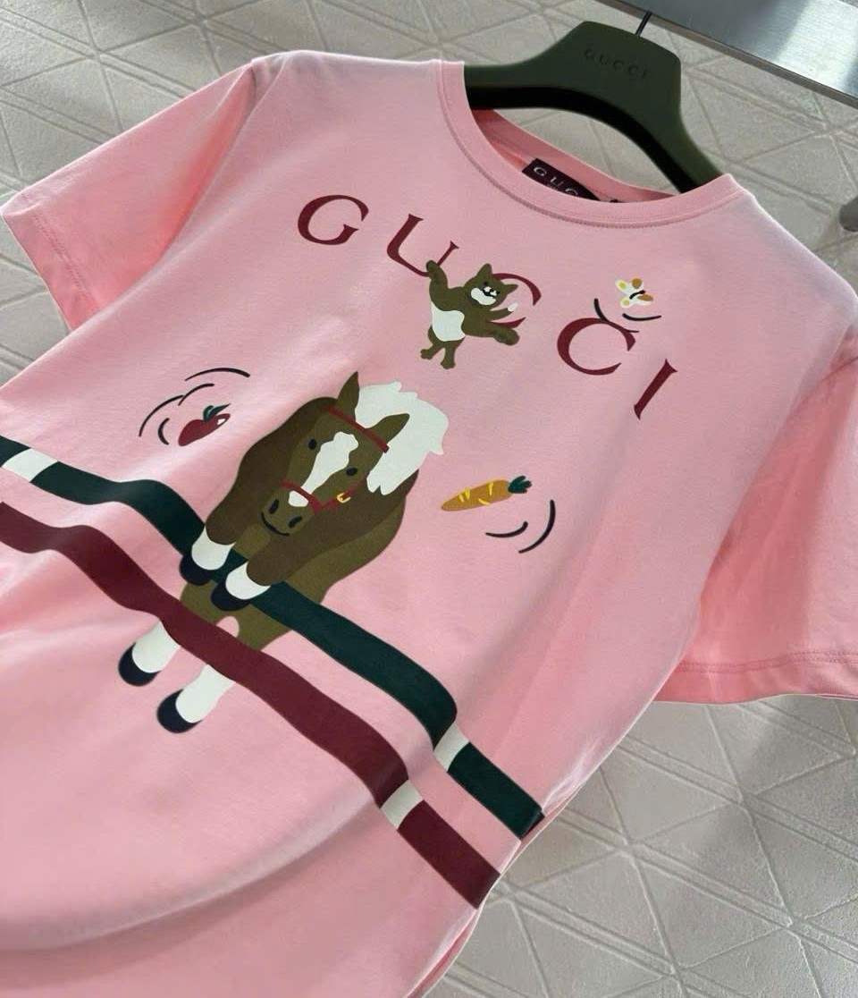 Áo thun Gucci Printed Cotton T-Shirt Light Pink Cotton Jersey Horse Animal Print 7
