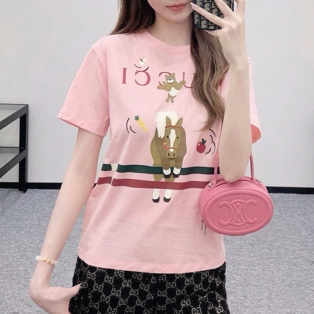 Áo thun Gucci Printed Cotton T-Shirt Light Pink Cotton Jersey Horse Animal Print 8